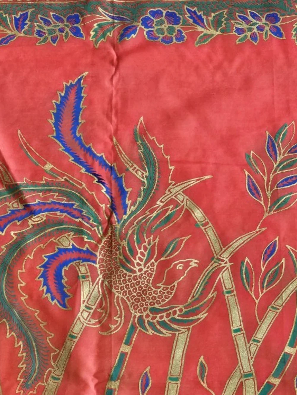 Vintage Asian Phoenix Bamboo Tablecloth Wall Hanging Red Gold 75x43 Textile